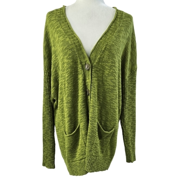 J. Jill Green Apple V-Neck Button-Up Cardigan Drop Shoulders Textured Slouchy - Picture 1 of 9